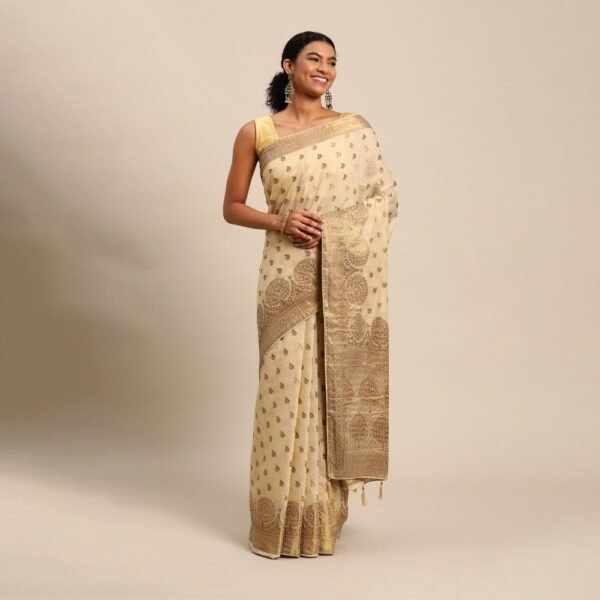 Pink Aura Banarasi Cotton Silk Zari Butta/Butti Tree Pattern Saree - Image 2