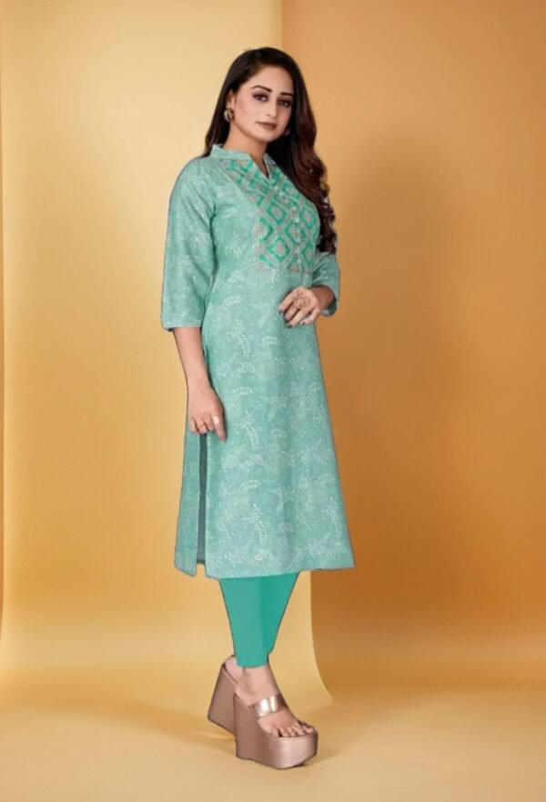 Pink Aura Printed Cotton Rayon Straight V-Neck 3/4 Sleeve Latest Short Kurti