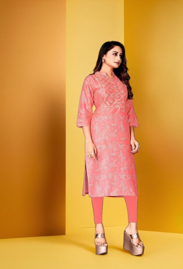Pink Aura Printed Cotton Rayon Straight V-Neck 3/4 Sleeve Latest Short Kurti