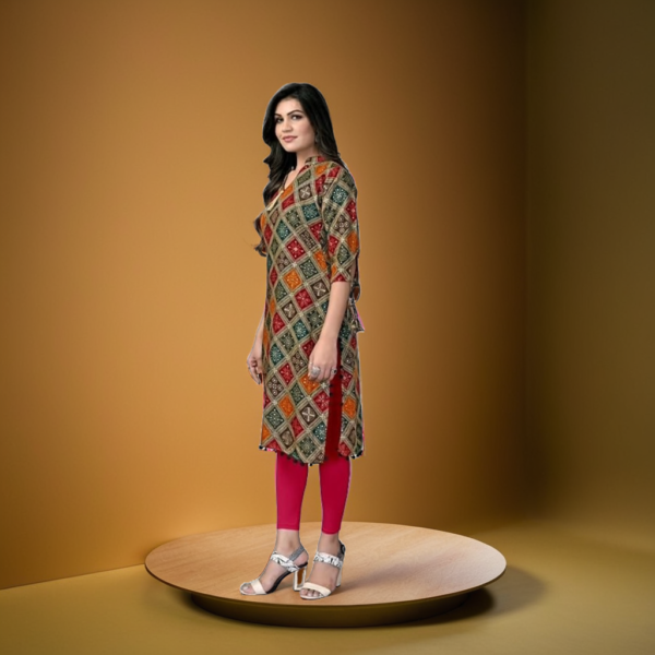 Women's Geometric Print Kurti with Tassels, 3/4 Sleeves, Multicolour Diamond Pattern - Image 3