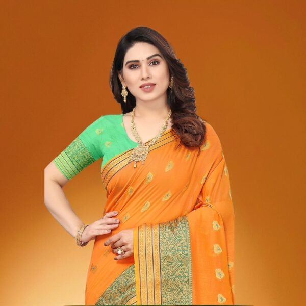 Pink Aura Women's Jacquard Cotton Blend Zari Butta Saree - Image 4