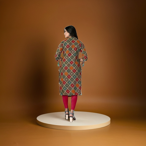Women's Geometric Print Kurti with Tassels, 3/4 Sleeves, Multicolour Diamond Pattern - Image 4