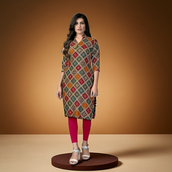 Women's Geometric Print Kurti with Tassels, 3/4 Sleeves, Multicolour Diamond Pattern - Image 2