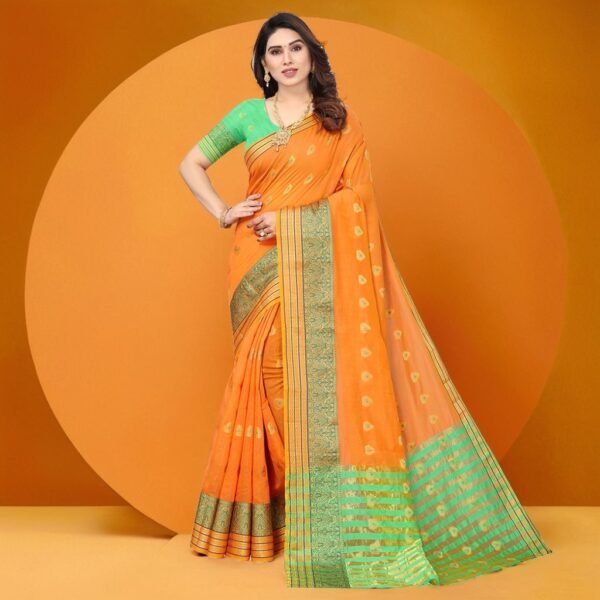 Pink Aura Women's Jacquard Cotton Blend Zari Butta Saree - Image 3